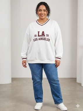 ORANGEKISS  White 'LA Los Angeles' V-Neck Sweatshirt with Maroon Trim. Size 2XL